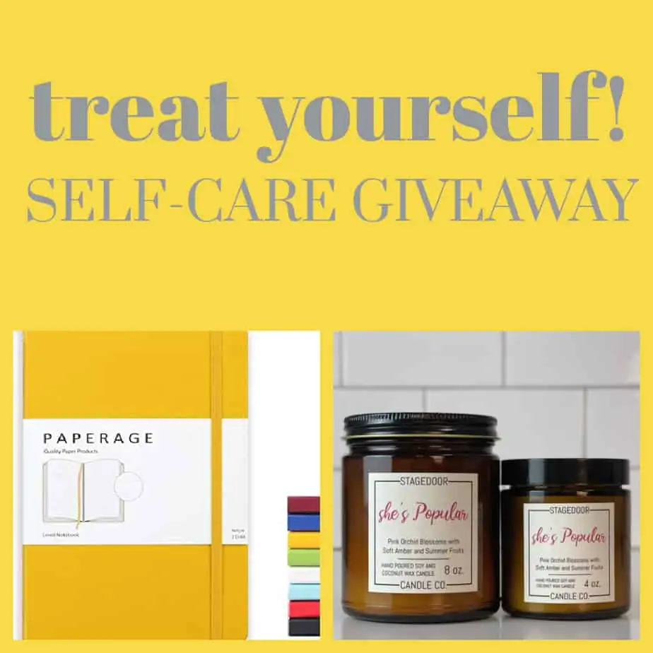 Mom In The City's Self-Care Giveaway - Treat Yourself! Candle, journal, natural bath products and affirmation pillow
