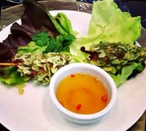 Asian recipes - Pork Wrapped Shrimp Skewers with Vietnamese Green Rice Recipe: